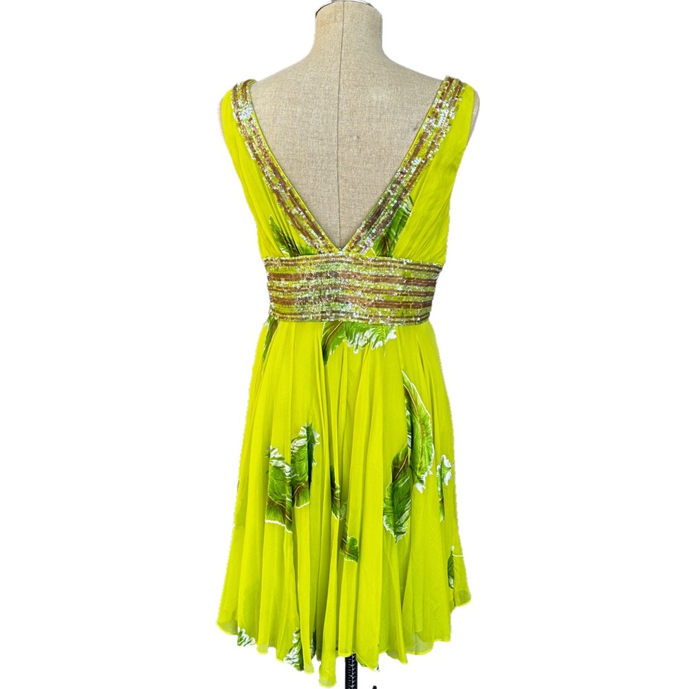 Basix II 100% Silk Beaded Sequins Sleeveless V-Neck Mini Lined Dress Lime US12 L - Picture 3 of 6